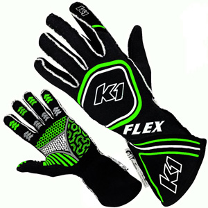 K1 Flex Adult Nomex Auto Racing Gloves - Black, Flo. Green - Size SM