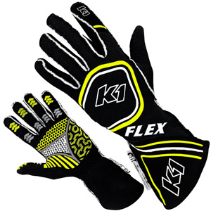 K1 Flex Adult Nomex Auto Racing Gloves - Black, Flo. Yellow - Size XL