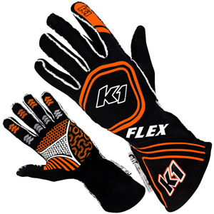 K1 Flex Adult Nomex Auto Racing Gloves - Black, Orange - Size LG