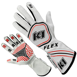 K1 Flex Adult Nomex Auto Racing Gloves - White - Size MED