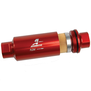 Aeromotive Filter, In-Line, 10-m Fabric Element, ORB-10 Port, Bright-Dip Red, 2" OD