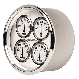 AutoMeter 1213 Old Tyme White II 5" Air-Core Quad Gauge, 100 PSI / 100-250 F / 8-18V / 0-90 Ohms Electric