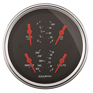 AutoMeter 1414 Designer Black Electric 3-3/8" Air-Core Quad Gauge, 100 PSI / 100-250 f / 8-18V / 0-90 Ohms
