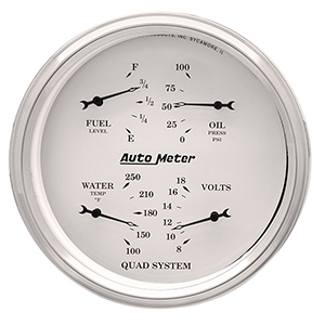AutoMeter 1610 Old Tyme White 5" Air-Core Electric Quad Gauge, 100 PSI / 100-250 F / 8-18V / 240-33 Ohms Electric