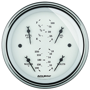 AutoMeter 1614 Old Tyme White 3-3/8" Air-Core Quad Gauge, 100 PSI / 100-250 F / 8-18V / 0-90 Ohms Electric