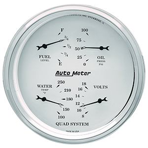 AutoMeter 1619 Old Tyme White 5" Air-Core Quad Gauge, 100 PSI / 100-250 F / 8-18V / 0-90 Ohms Electric
