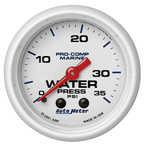 AutoMeter Gauge, Water Press, 2 1/16", 35psi, Mechanical, Marine White