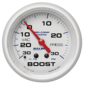 AutoMeter Gauge, Vac/Boost, 2 5/8", 30inHg-30psi, Mechanical, Marine White