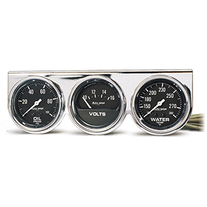 AutoMeter 2399 Auto Gage 2-5/8" 3 Gauge Console, Oil Pressure / Water Temperature / Voltmeter, 100 PSI / 280 F / 16V