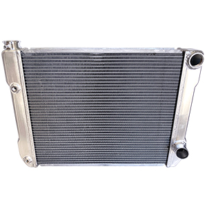 BSC 26in x 19in GM Double Pass Aluminum AN Fitting Style Radiator - Top Right Inlet / Angled Bottom Right Outlet