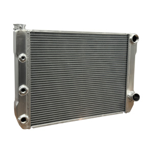 BSC 27in x 19in GM Double Pass Aluminum Radiator with AN Fittings - Top Right Inlet / Angled Bottom Right Outlet