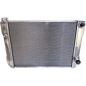 BSC 28in x 19in GM Double Pass Polished Aluminum AN Fitting Style Radiator - Top Right Inlet / Angled Bottom Right Outlet