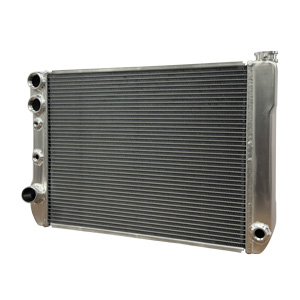 BSC 27in x 19in Ford Double Pass Aluminum Radiator with AN Fittings - Top Left Inlet / Angled Bottom Left Outlet