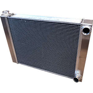 BSC 28in x 19in GM Double Pass Dimpled Aluminum Radiator - Top Right Inlet / Angled Bottom Right Outlet