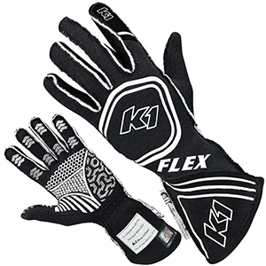 K1 Flex Black Series Auto Racing Gloves, Black/White, Small