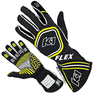 K1 Flex Auto Racing Gloves, Black/Fluorescent Yellow, Small