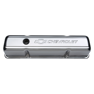 Chevrolet & Bowtie Emblem Valve Covers. Tall With Baffle. Chevy S/B V8, 1958-86, Chrome