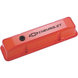 Chevrolet & Bowtie Emblem Die-Cast Valve Covers, Chevy S/B V8, 1958-86, Recessed Emblem, Orange