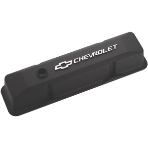 Chevrolet & Bowtie Emblem Die-Cast Valve Covers, Chevy S/B V8, 1958-86, Raised Emblem, Black Crinkle