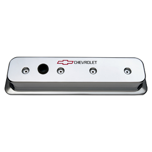 Chevrolet & Bowtie Emblem Die-Cast Valve Covers Center Bolt. S/B V8, 1987-Ls. Chrome
