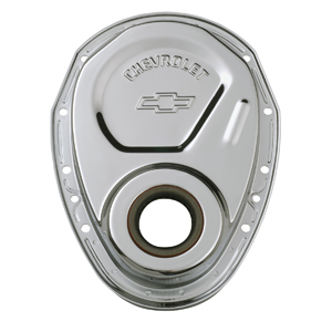 Chevrolet & Bowtie Emblem Chrome Timing Chain Cover. Chevy S/B V8, 1969-91 And V6/90°.