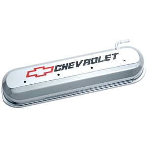 Chevrolet & Bowtie Emblem Die-Cast Valve Covers, Slant-Edge, Recessed Red/Black Emblem, Ls V8 Engines, Chrome.