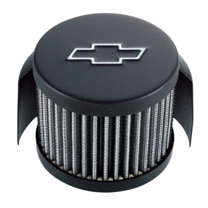 Chevy Bowtie Emblem Push-In Filter Air Breather With Hood, 3 Diameter, Black Crinkle