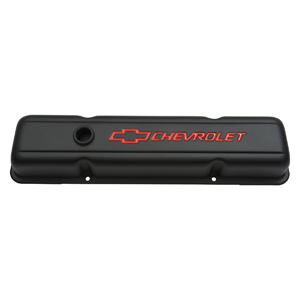 Chevrolet & Bowtie Emblem S/B V8 Stamped Valve Covers, Short W/ Baffle, Black Crinkle