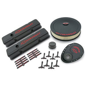 Chevy Black Crinkle Dress-Up Kit. Red Bowtie Emblem, Red Lettering. V/C, A/C, T/C Cover, H/D, B/Cap P/N 141-754