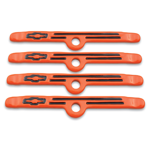 Chevy Bowtie Emblem V/C Hold-Down Clamps, Orange, Chevy S/B V8 & V6/90 Thru 1986