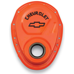 Chevrolet And Bowtie Emblem Timing Chain Cover, Orange, Chevy S/B V8, 1969-91 And V6/90