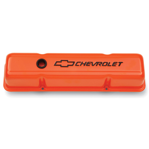 Chevrolet And Bowtie Emblem S/B V8 Stamped Valve Covers, Tall, Orange.