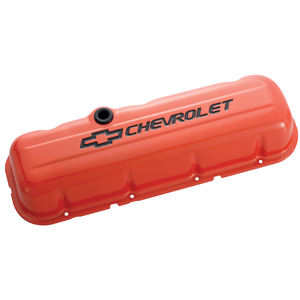 Chevrolet And Bowtie Emblem B/B Stamped Valve Covers, Tall, Orange.