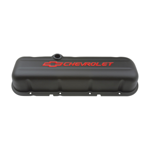 Chevrolet & Bowtie Emblem B/B Stamped Valve Covers, Tall, Black Crinkle