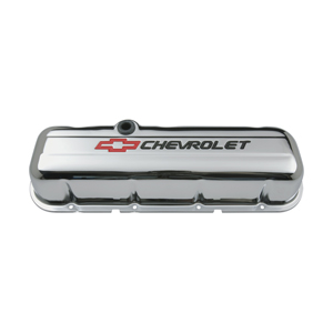 Chevrolet & Bowtie Emblem B/B Stamped Valve Covers, Tall, Chrome, Red/Black Emblem