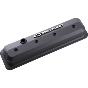 Chevrolet & Bowtie Emblem Die-Cast Slant-Edge Valve Covers Center Bolt. S/B V8, 87-Ls, Black Crinkle, Raised Emblem