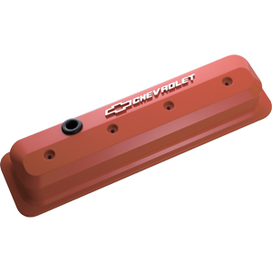 Chevrolet & Bowtie Emblem Die-Cast Slant-Edge Valve Covers Center Bolt. S/B V8, 87-Ls, Chevy Orange, Raised Emblem