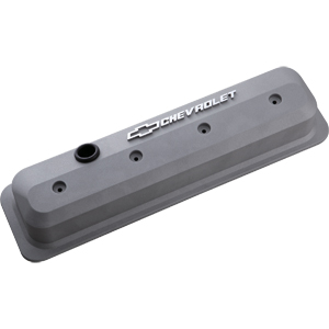 Chevrolet & Bowtie Emblem Die-Cast Slant-Edge Valve Covers Center Bolt. S/B V8, 87-Ls, Cast Gray Crinkle, Raised Emblem