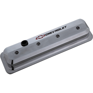 Chevrolet & Bowtie Emblem Die-Cast Slant-Edge Valve Covers Center Bolt. S/B V8, 87-Ls, Polished, Recessed Red/Black Emblem