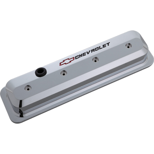 Chevrolet & Bowtie Emblem Die-Cast Slant-Edge Valve Covers Center Bolt. S/B V8, 87-Ls, Chrome, Recessed Red/Black Emblem