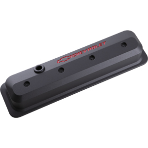Chevrolet & Bowtie Emblem Die-Cast Slant-Edge Valve Covers Center Bolt. S/B V8, 87-Ls, Black Crinkle, Recessed Red Emblem