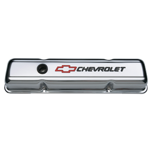 Chevrolet & Bowtie Emblem S/B Chrome Short Valve Covers, Red Bowtie & Black Lettering.