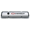 Chevrolet & Bowtie Emblem S/B Chrome Short Valve Covers, Red Bowtie & Black Lettering.