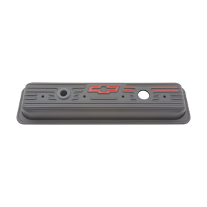 Chevy Red Bowtie Emblem S/B Center Hold-Down Stamped Valve Covers, 87-Ls, Black Crinkle
