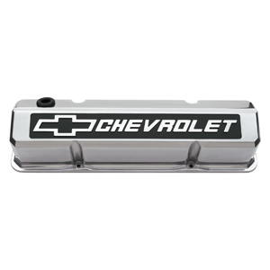 Chevrolet & Bowtie Emblem Die-Cast Valve Covers, Slant-Edge, Raised Emblem, Chevy S/B V8, 1958-1986, Polished