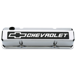 Chevrolet & Bowtie Emblem Die-Cast Valve Covers, Slant-Edge, Raised Emblem, Chevy S/B V8, 1958-1986, Chrome