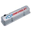 Chevrolet & Bowtie Emblem Die-Cast Valve Covers, Slant-Edge, Recessed Emblem, Chevy S/B V8, 1958-1986, Metallic Gray