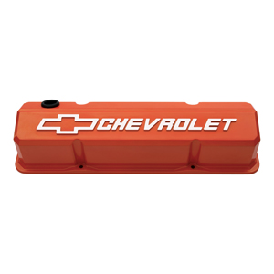Chevrolet & Bowtie Emblem Die-Cast Valve Covers, Slant-Edge, Raised Emblem, Chevy S/B V8, 1958-1986, Chevy®  Orange