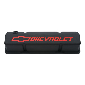Chevrolet & Bowtie Emblem  Die-Cast Valve Covers, Slant-Edge, Recessed Emblem, Chevy S/B V8, 1958-1986, Black Crinkle