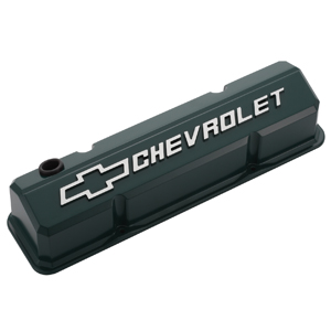 Chevrolet & Bowtie Emblem Die-Cast Valve Covers, Slant-Edge, Raised Emblem, Chevy S/B V8, 1958-1986, Green